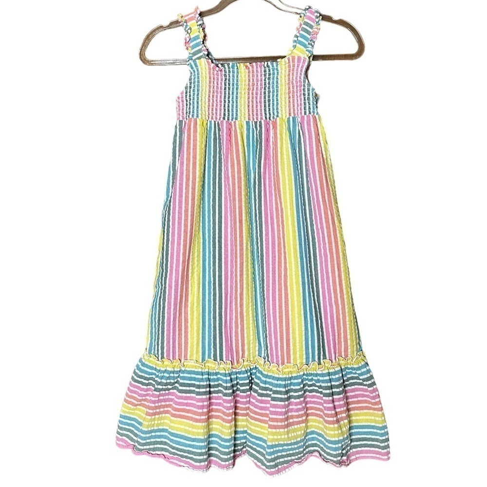 Boden Tiered Midi Girls Dress Rainbow Multi Seersucker. Size 9-10 years
